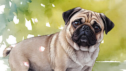 Vector illustration of a pug puppy in watercolor. Small, wrinkled, short-haired, soft dog.