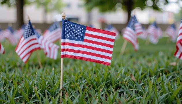 American flags in grass, symbolizing patriotism and remembrance.
