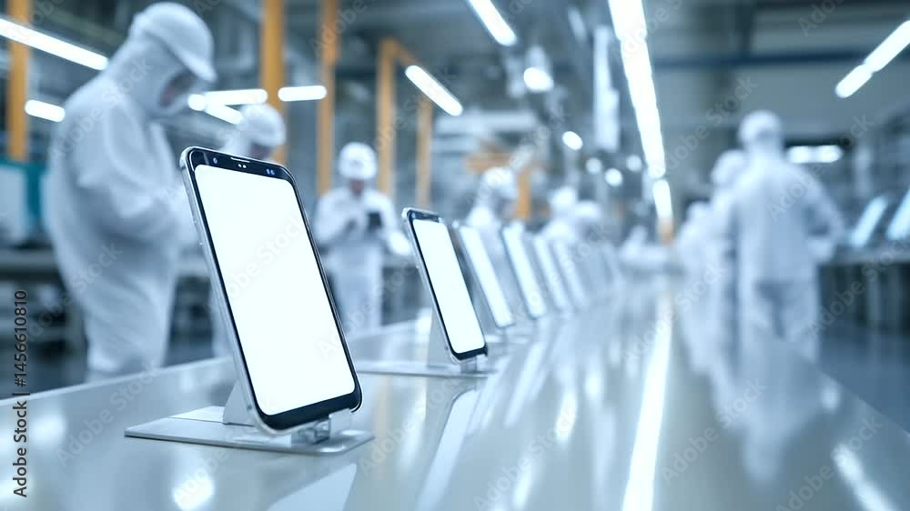 Poster high-tech factory floor with smartphones aligned for final screen installation. workers in clean sui