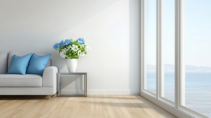 Fototapeta premium Bright Living Room with Modern Sofa and Flowers Near Large Windows