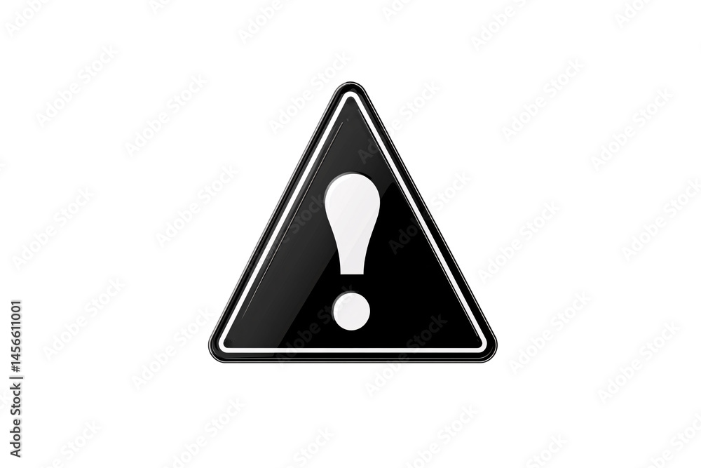 Poster a black triangular warning sign with a bold white exclamation mark in the center, isolated on a tran