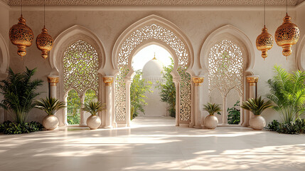 Elegant arabesque interior with arches and decorative lamps, leading to an outdoor garden scene.