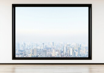 Modern Urban Skyline View Through Large Window in Minimalist Room