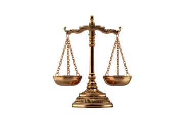 A luxurious golden balance scale with ornate details, symbolizing justice, fairness, and equilibrium in law, isolated on a transparent background