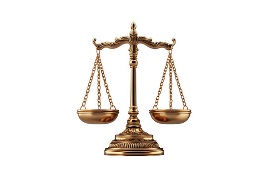 A luxurious golden balance scale with ornate details, symbolizing justice, fairness, and equilibrium in law, isolated on a transparent background