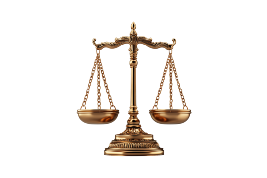 A luxurious golden balance scale with ornate details, symbolizing justice, fairness, and equilibrium in law, isolated on a transparent background