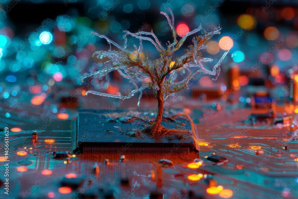Poster a golden digital tree on a circuit board serves as a symbol for the intersection of technology and n