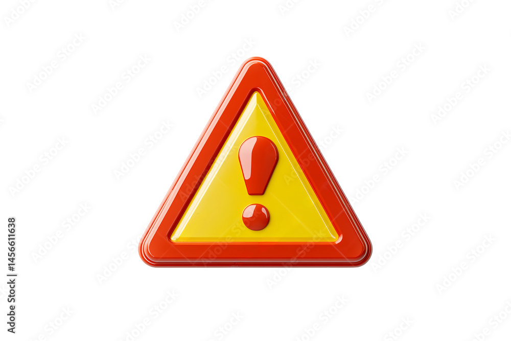 Poster a vivid yellow triangle inside a red frame with raised red exclamation point, isolated on a transpar