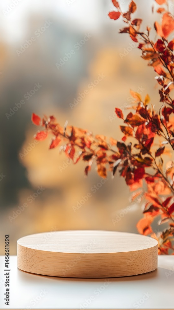 Poster minimalist round wooden podium display with autumn leaves background for product showcase in studio 