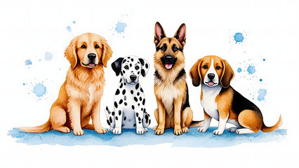 set of cute dog watercolor illustrations for printing on baby clothes, sticker, postcards, games and books, baby showers, safari jungle animals vector, Dalmatian, German Shepherd, Golden Retriev