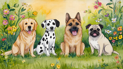 set of cute dog watercolor illustrations for printing on baby clothes, sticker, postcards, games and books, baby showers, safari jungle animals vector, Dalmatian, Pug, German Shepherd, Golden Retriev
