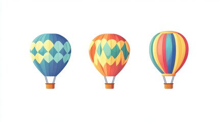 Three vibrant hot air balloons display unique designs in bright colors, evoking a sense of adventure and joy. Perfect for travel and celebration themes.