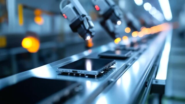 A row of semi-assembled smartphones on metallic belt. Mechanical arms align processors, install micro sensors in synchronized motion