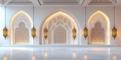 Stunning interior view featuring traditional arabic design with elegant hanging lanterns and detailed patterns.