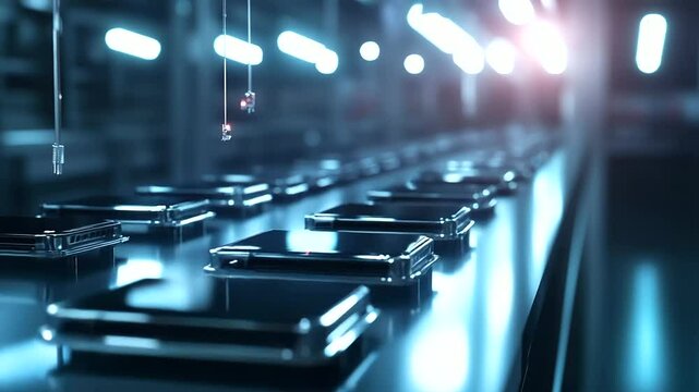 Smartphone batteries being inserted automatically into metal-backed phone bodies under bright factory spotlights