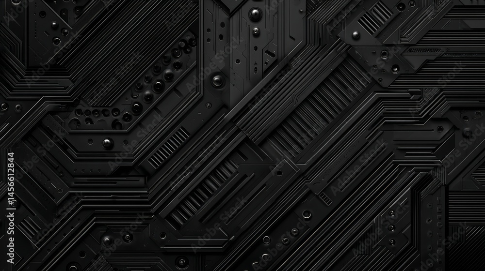 Poster a detailed close-up of an electronic circuit board, featuring a dark black computer motherboard, sym