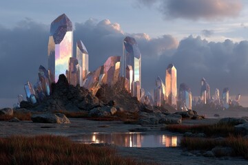 Iridescent crystal formations rise from a rocky landscape, reflecting light under a dramatic sky with clouds and shallow pools of water.