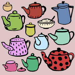 Different colorful pots. Vector, isolated. Hand draw doodle, ink texture.
