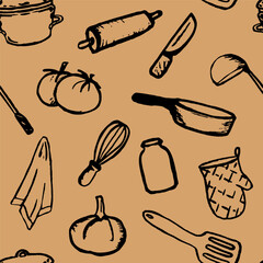 pattern. Hand draw doodle ink texture. Vector, isolated. Cartoon style. Kitchen cook utensil. 