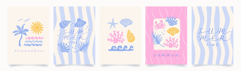 Abstract summer poster in doodle naive. Modern prints with hand drawn palm tree, sun, sea, wave, seashells. Vacation and beach concept. Trendy design for cards, wall art, branding.	