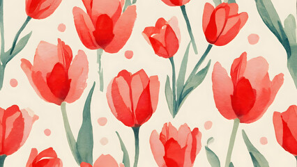 A seamless pattern displays beautiful tulips, colorful spring flowers, on a natural green background, showcasing floral beauty	