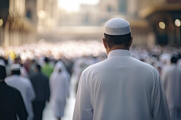 Back view of a Muslim man walking in Mecca with a blurred crowd, wearing a white cap and shirt.generative ai