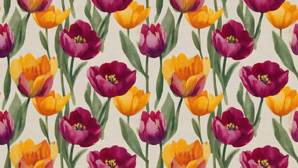 A seamless pattern displays beautiful tulips, colorful spring flowers, on a natural green background, showcasing floral beauty	