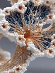 A close-up image of a complex organic structure with white clusters and intricate, web-like fibers against a soft background.