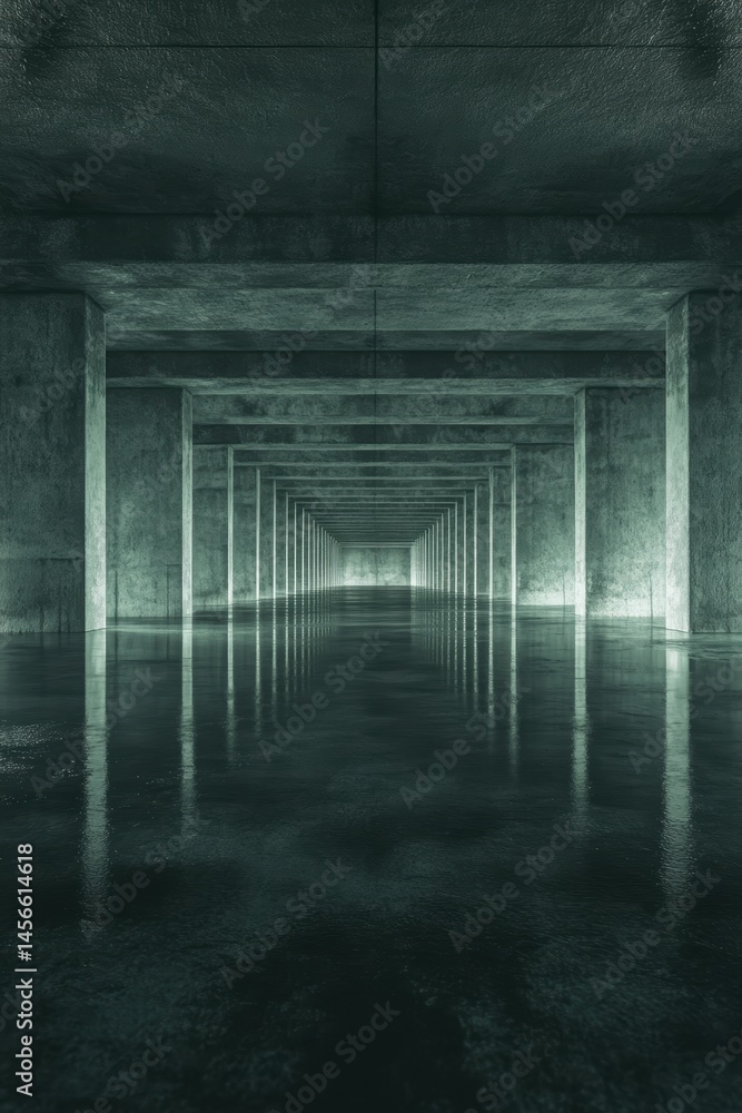 Poster concrete hallway perspective view with reflections and dim lighting in a minimalist style with indus