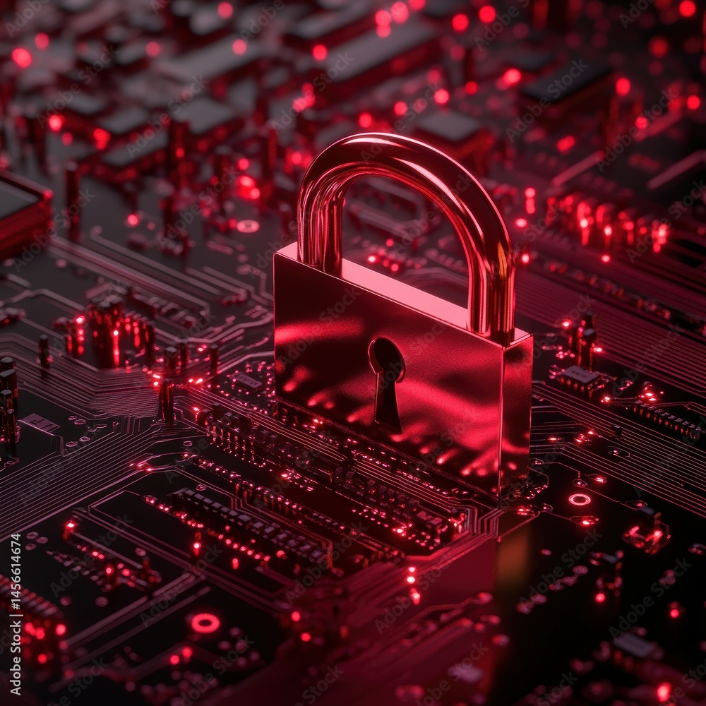 Poster red padlock securing circuit board close up digital security cyber safety data protection conceptual