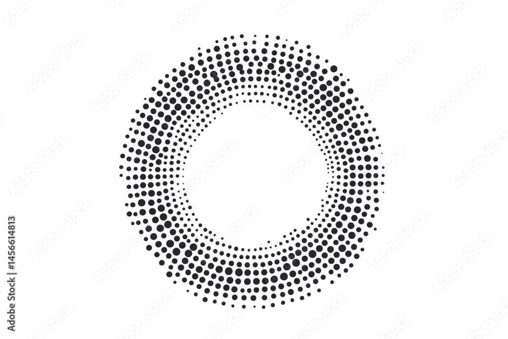 Poster hypnotic black and white circular pattern of scattered dots, radiating out from a central void, isol