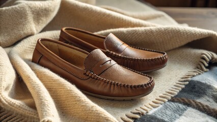 Cozy Brown Leather Loafers on Knit Blanket, Fashion Footwear, Autumn Style, Men's Shoes, loafers, leather