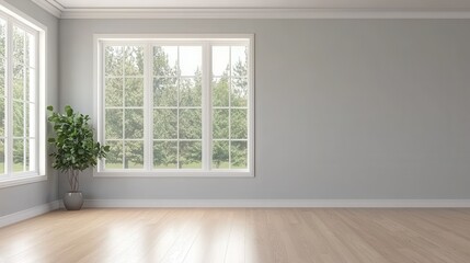 Fototapeta premium Bright and Airy Interior Space with Large Windows and Greenery