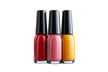 Red, pink, and mustard-yellow cylindrical nail polish bottles standing upright with sleek black tops, isolated on a transparent background