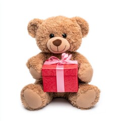 Obraz premium Cute teddy bear holding a red gift box with pink ribbon