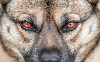 Close-Up of Dog with Striking Red Eyes and Detailed Fur Texture