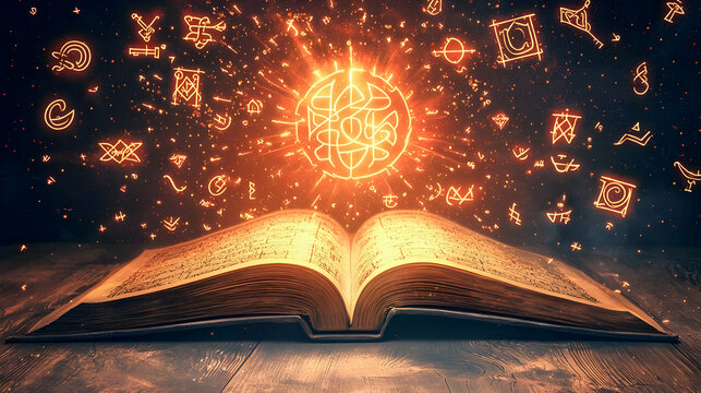 Ancient, illuminated book, glowing arcane symbols rising from open pages