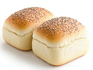 Two freshly baked square bread rolls sprinkled with poppy seeds sit side-by-side on a bright white background, ready to be enjoyed with a tasty meal or snack.