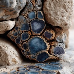 Close-up of a unique rock with striking blue mineral formations surrounded by rough, textured stones.