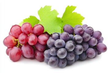 Fototapeta premium Close-up of Two Bunches of Fresh Grapes Red and Purple with Green Leaf on White Background Studio Shot Still Life