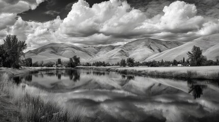 Fototapeta premium A lake's tranquil surface reflects the clouds, producing a surreal and artistic black and white mirror effect