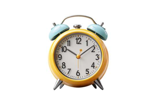 Yellow alarm clock with blue twin bells shows time at 1010. White face, chrome details, isolated on a transparent background