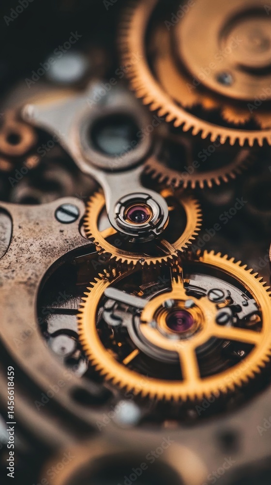 Poster intricate watch mechanism close-up: gears, cogs, and precision engineering in a detailed macro shot