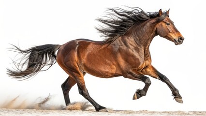 Obraz premium Dynamic Bay Mustang Galloping, Isolated White Background, Wild Horse, Equestrian Photography, Horse, Mustang Wild Horse Photography, Equestrian Art