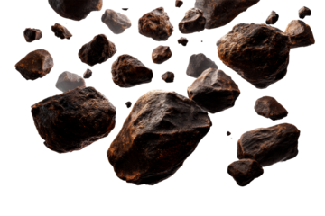 Floating dark rocks with a transparent background in a natural setting