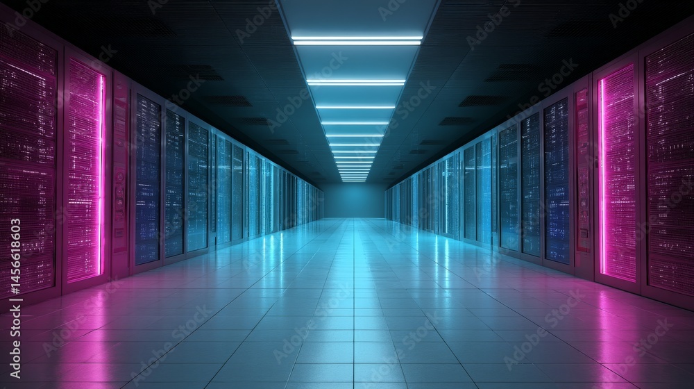 Poster a futuristic cyber gate in a virtual realm, represented by a data center door in a tunnel, illuminat