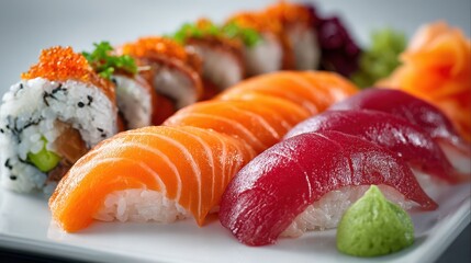A beautiful arrangement of premium sushi featuring colorful slices of fish and garnishes on a white plate, highlighting the artistry and freshness of Japanese cuisine