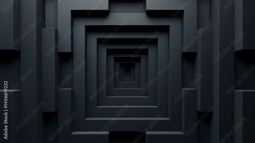 Poster exploring a deep black labyrinth of geometric shapes and patterns in a futuristic art environment