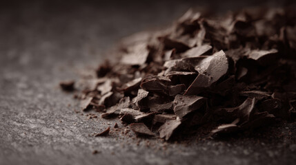 Dark chocolate shavings on textured surface create rich, indulgent feel