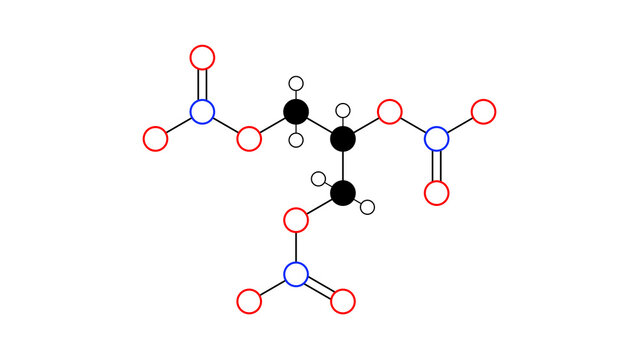 minitran molecule, structural chemical formula, ball-and-stick model, isolated image antianginal agents